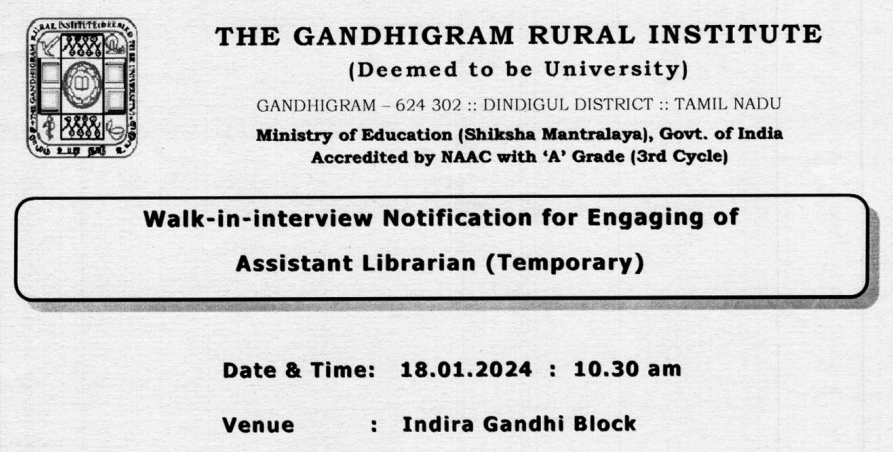 GRI Dindigul Walk-in Interview 2024