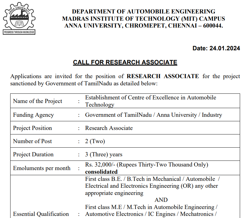 Anna University Recruitment 2024