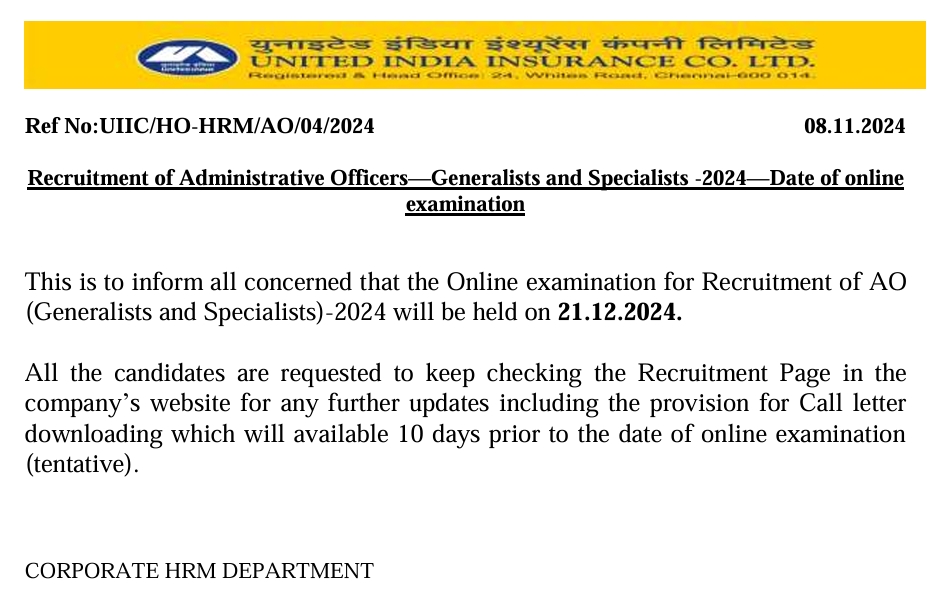 UIIC AO (Scale I) 2024 Exam Date