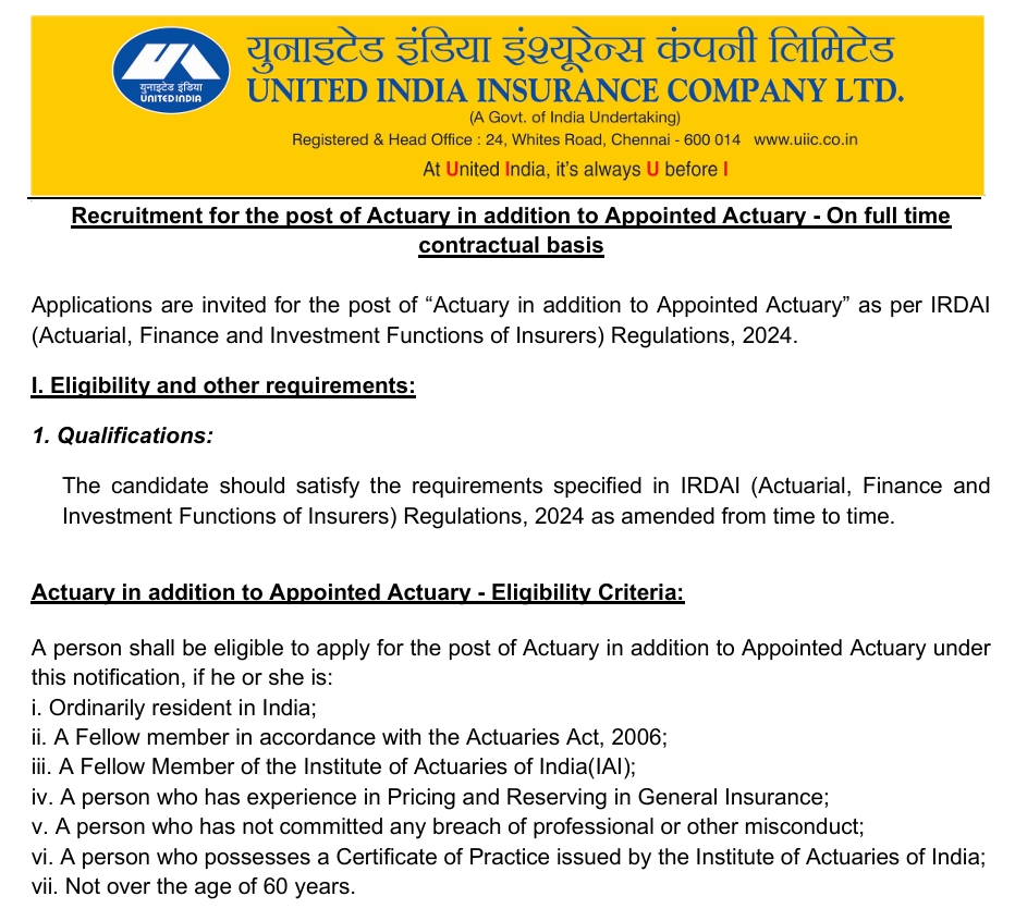 UIIC Recruitment of Actuary Post