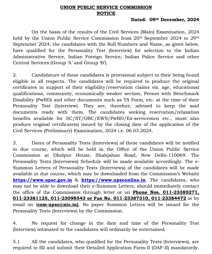 UPSC Civil Services Examination, 2024 Mains Result