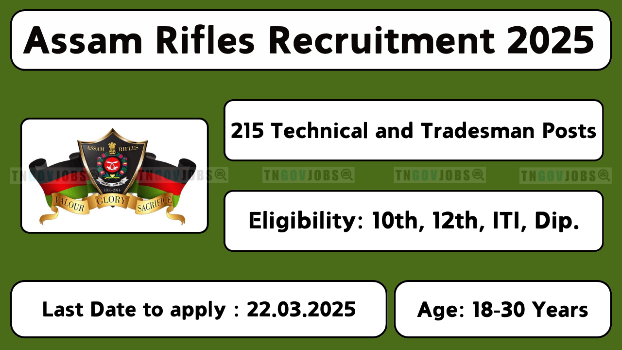 Assam Rifles recruitment 2025 for 215 Technical and Tradesman positions — apply online from 22.02.2025 to 22.03.2025 at www.assamrifles.gov.in.