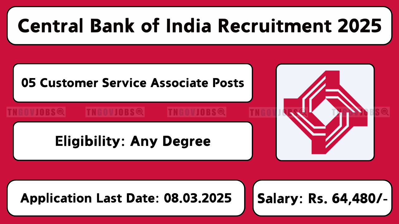 Central Bank of India hiring Customer Service Associate across India. Apply online before 08-Mar-2025 at centralbankofindia.co.in.