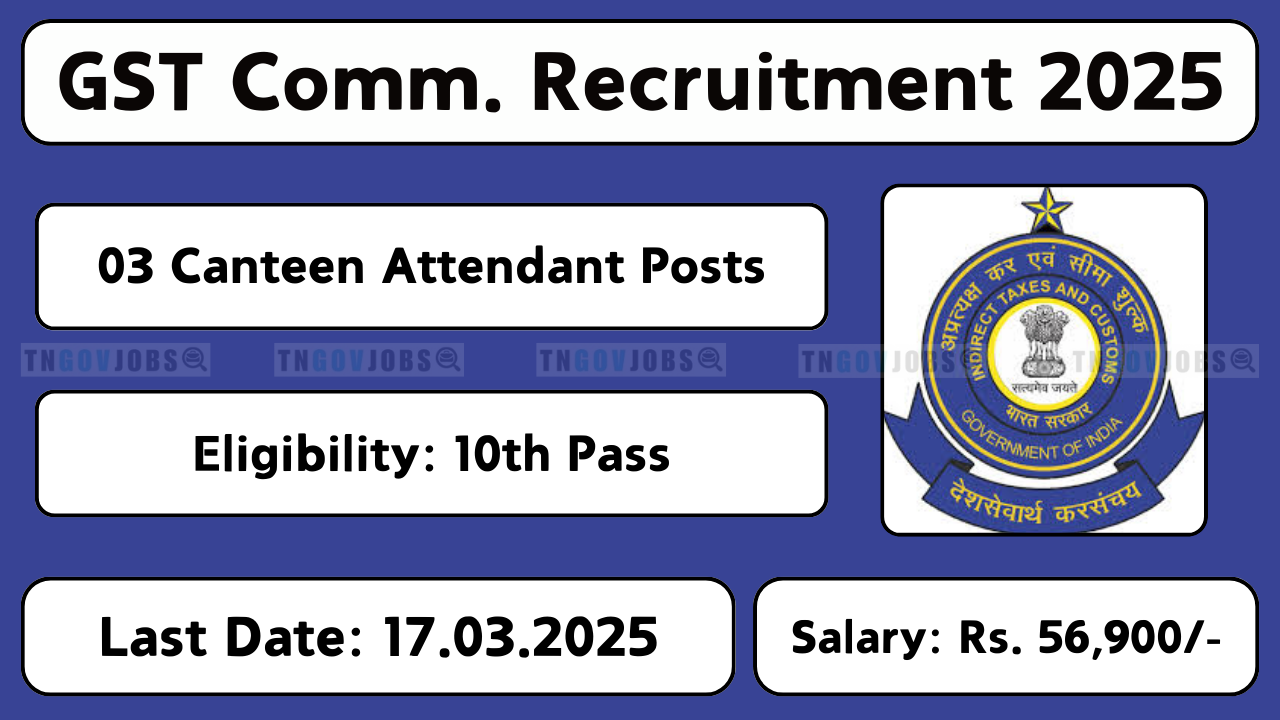 Coimbatore CGST & Central Excise Commissionerate recruitment notification for 03 Canteen Attendant posts, application details, and submission deadline 17.03.2025.