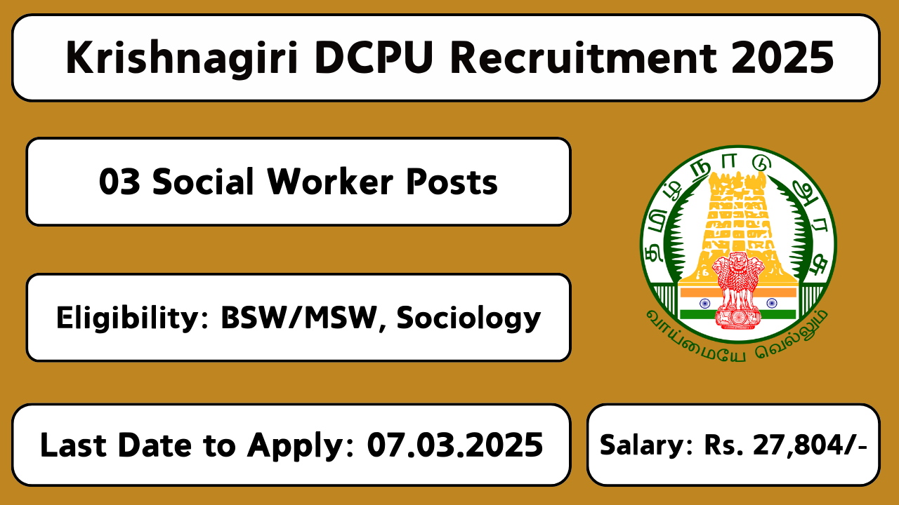 Krishnagiri District Child Protection Unit hiring Protection Officer (NIC) and Social Worker on a one-year contract. Apply now for child welfare positions.