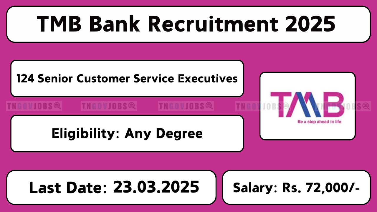 TMB recruitment 2025 for 124 Senior Customer Service Executive posts. Apply online at tmbnet.in.