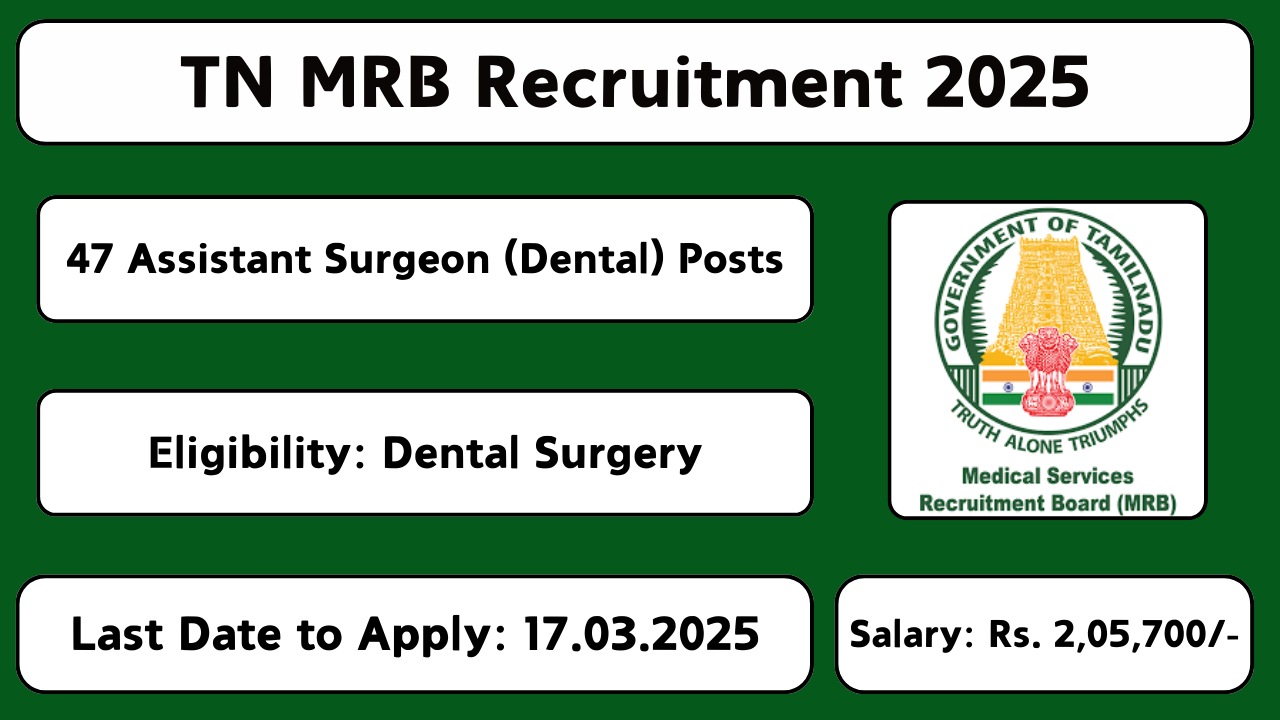 TN MRB recruitment 2025: Apply for 47 Assistant Surgeon (Dental) posts online before 17-Mar-2025.