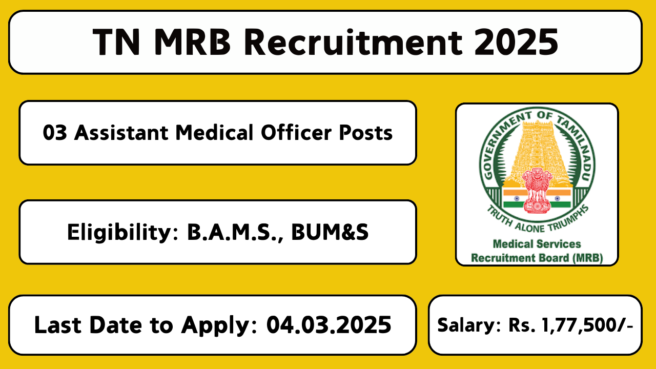 Tamil Nadu Medical Services Recruitment Board (TN MRB) Notification No: 02/MRB/2025 for 03 Assistant Medical Officer (Ayurveda & Unani) posts. Online application available from 12-Feb-2025 to 04-Mar-2025 on the official website mrb.tn.gov.in.