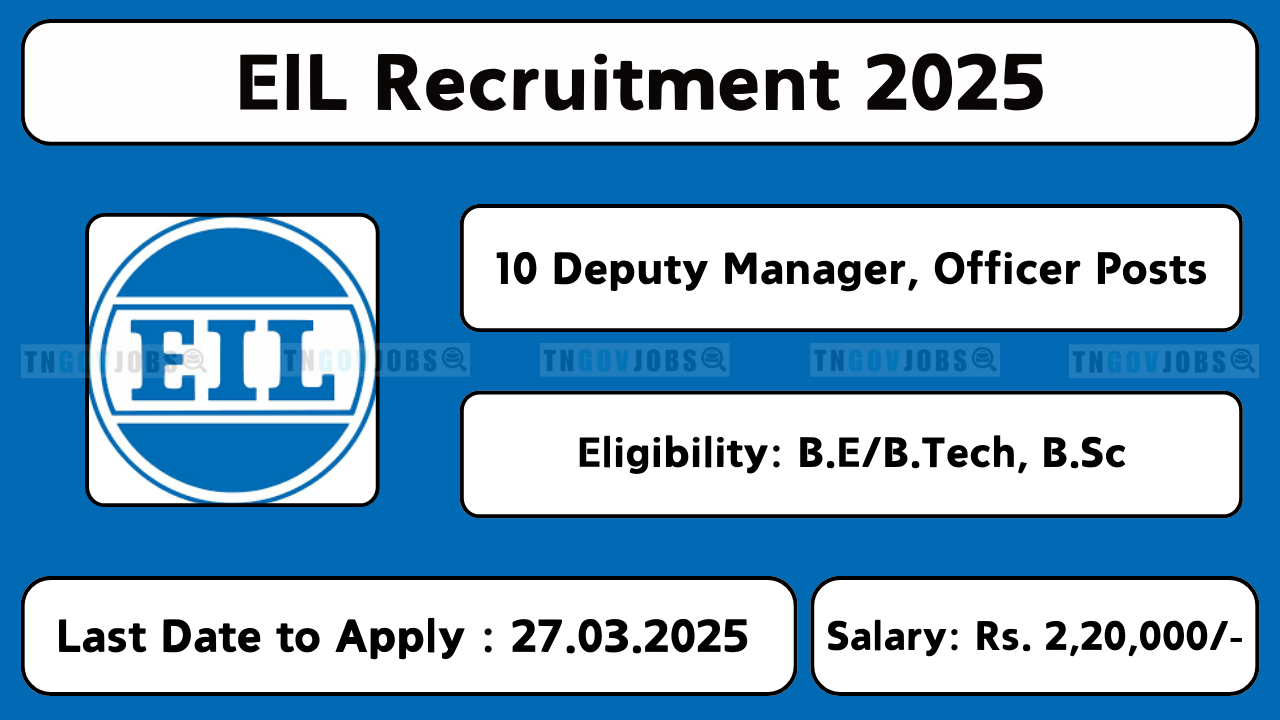 EIL recruitment 2025 for Deputy Manager, Manager, and Officer posts. Apply online at recruitment.eil.co.in.