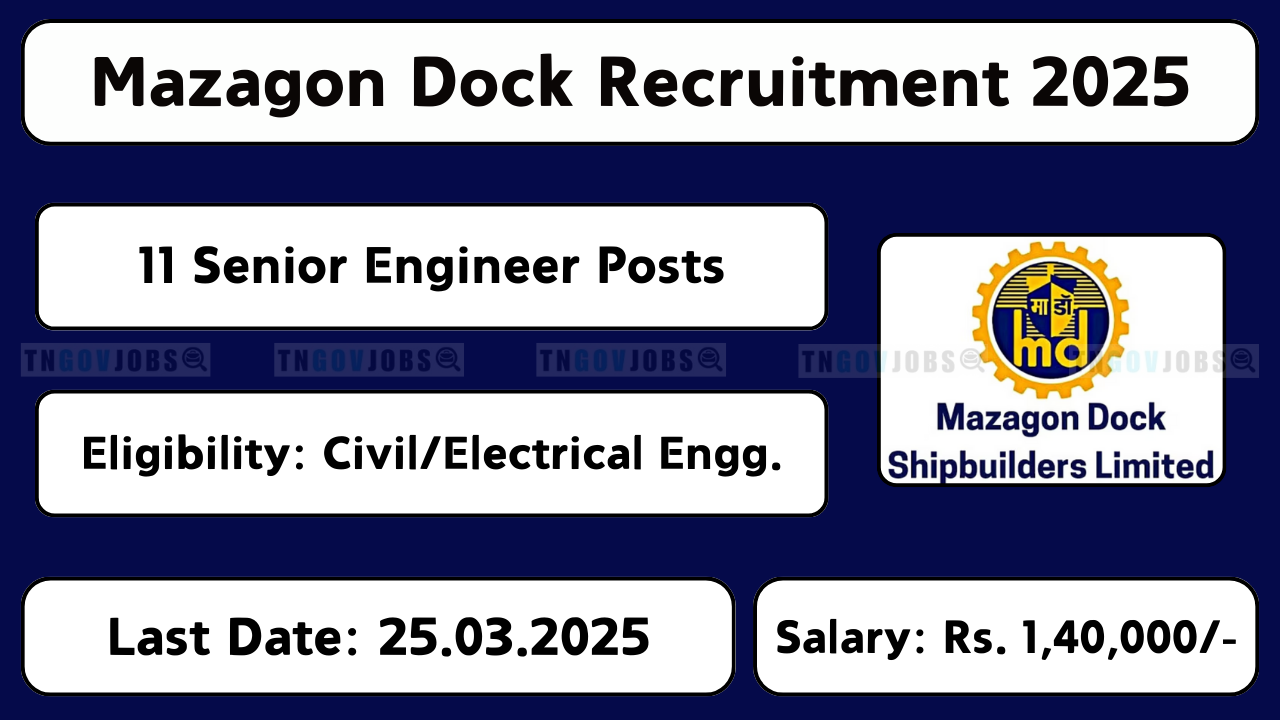 Mazagon Dock recruitment 2025 – Chief Manager Security & Senior Engineer vacancies in Mumbai. Apply online before 25th March 2025.