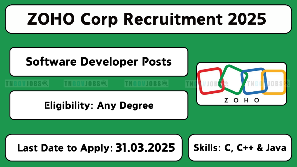 Zoho recruitment 2025 for Software Developer and Technical Writer positions. Apply before 31-Mar-2025.