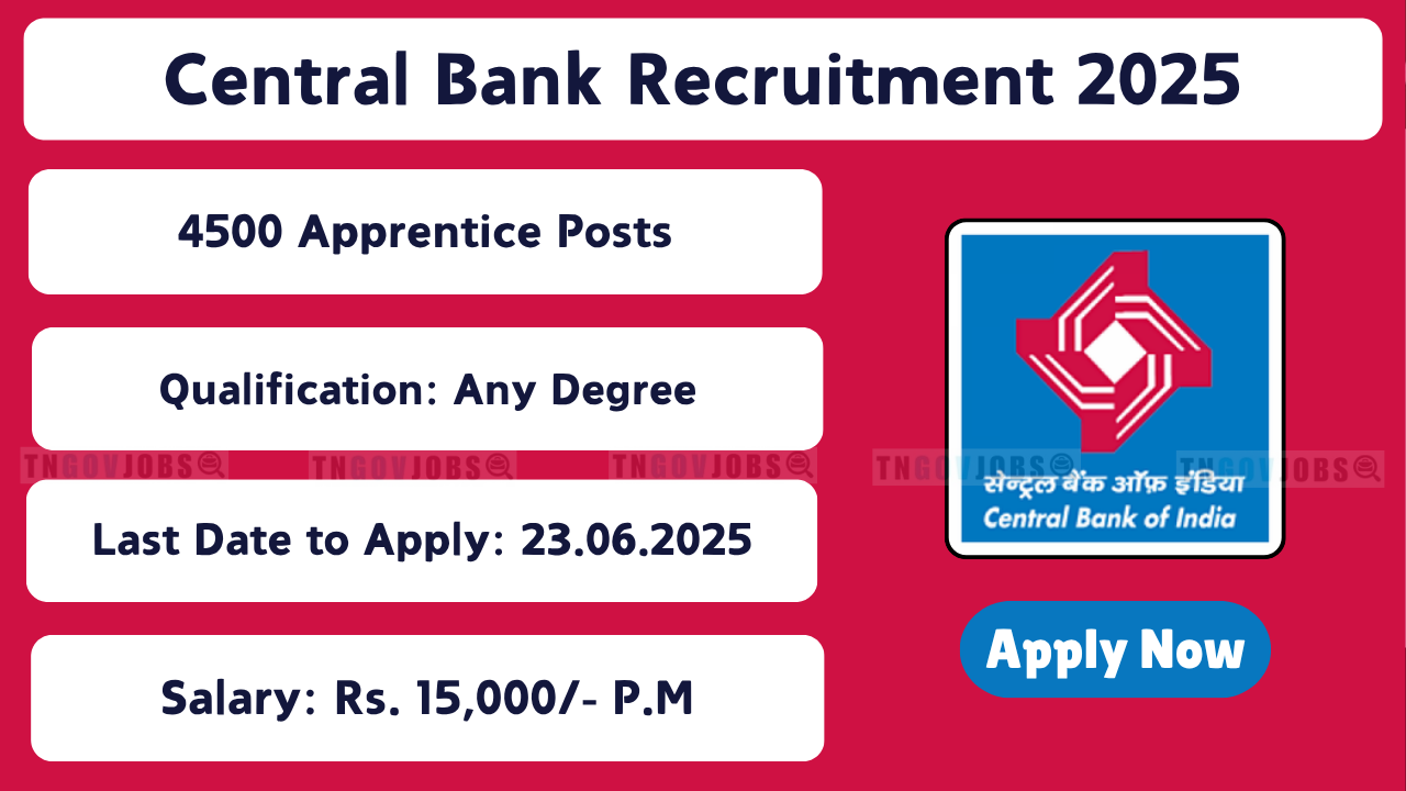 Apply online for 4500 Apprentice vacancies at Central Bank of India under the Apprentices Act 1961 via TNGovJobs