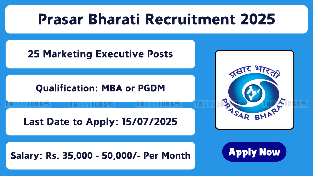 Prasar Bharati invites online applications for 25 Marketing Executive posts – Apply by 15 July 2025 at prasarbharati.gov.in.