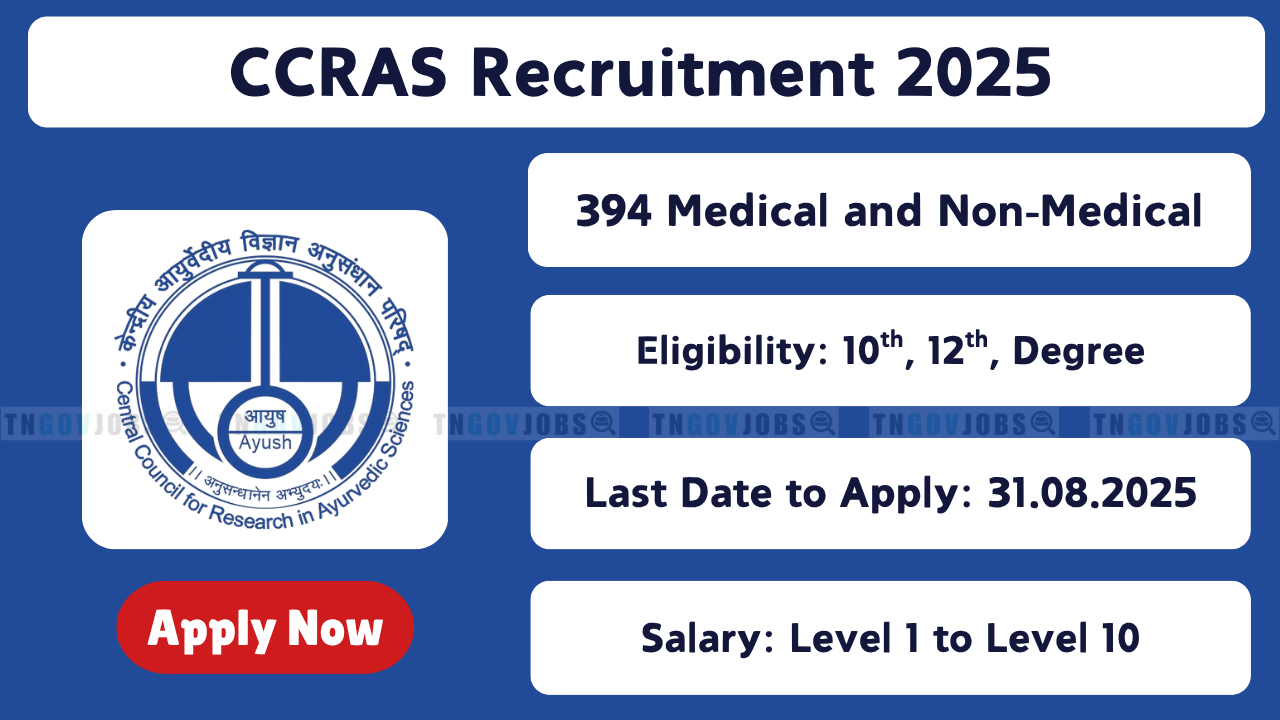 CCRAS Recruitment 2025 – Apply Online for 394 Group A, B, C Posts