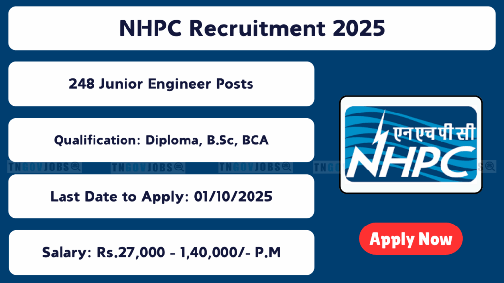 NHPC recruitment 2025: Apply online for 248 posts including Junior Engineer (Civil, Electrical, Mechanical), Supervisor, Sr. Accountant, and Hindi Translator.