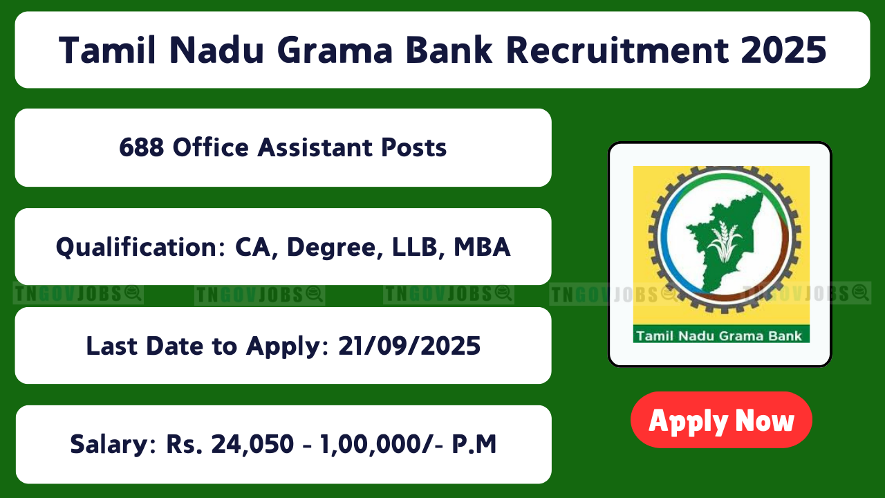 Apply online for 688 Office Assistant and Officer jobs in Tamil Nadu Grama Bank before 21.09.2025