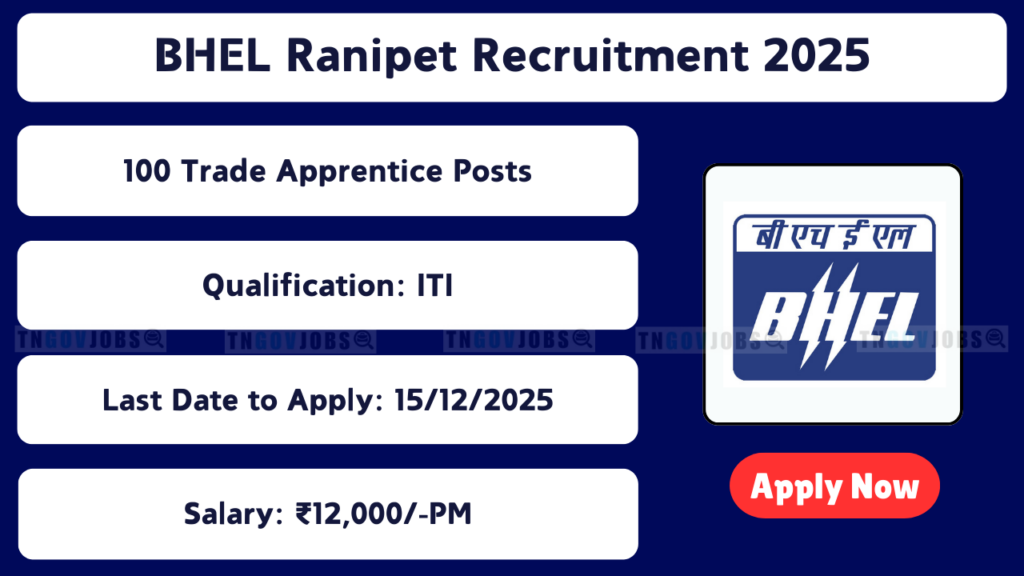 BHEL Ranipet Recruitment 2025: 100 Trade Apprentice Posts; Apply Now!